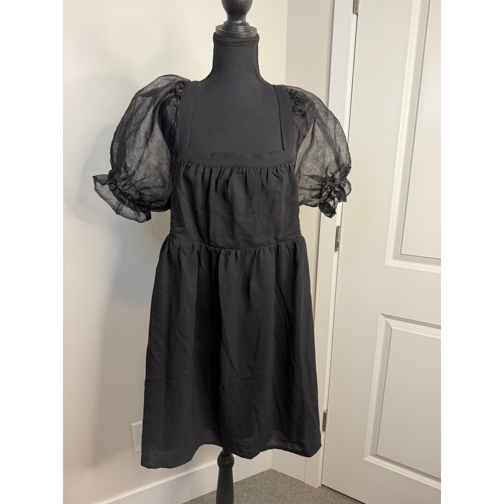Entro Black Organza Puff Sleeve Babydoll Dress Square Neck Tie Back Mini L NEW‎